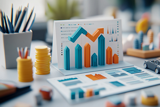 Corporate style, investment portfolio with directional arrows, a