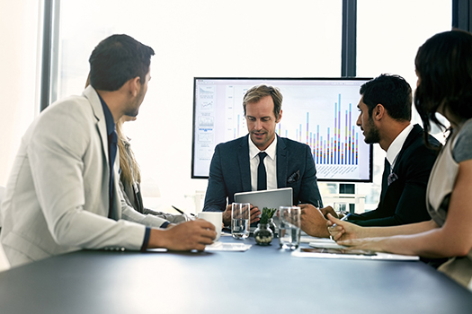 Meeting, team and business people in office with tablet for plan