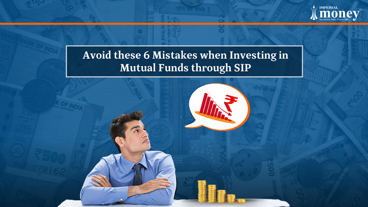Avoid these 6 Mistakes when Investing in Mutual Funds through SIP banner showing thoughtful man and falling trend graph.