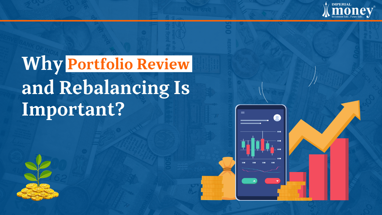 Why Portfolio Review and Rebalancing Is Important graphic showing mobile app charts, growth bars, and coins.